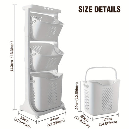 Rolling Laundry Hamper Cart with Wheels Multi-Tier | Large Capacity Laundry Basket with Removable Baskets | Wheeled Laundry Organizer