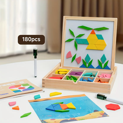 Magnetic Wooden Puzzle Blocks 128 180 220 Piece Set, Geometric Figures Cognitive Learning STEM Toy for Kids