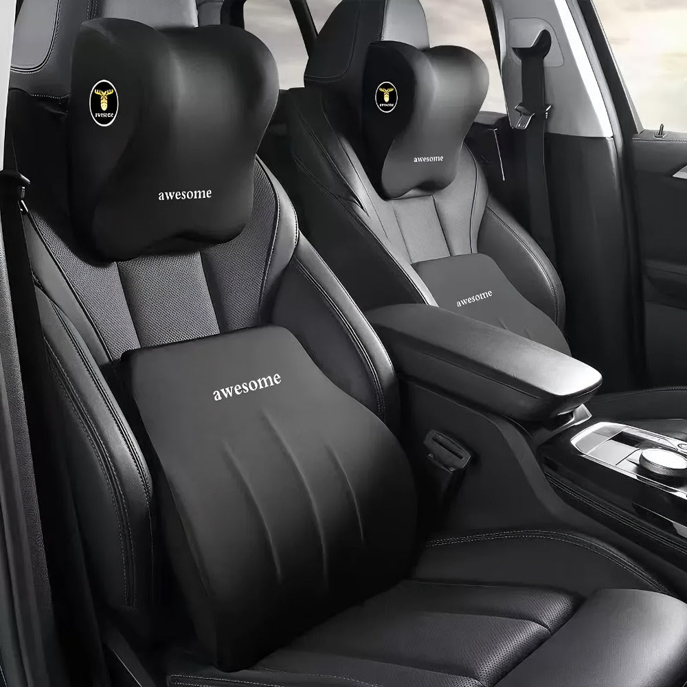 Car Neck Pillow and Lumbar Cushion Set in Black with Memory Foam Fill, Straps and 27 x 29cm and 39 x 38cm Sizes
