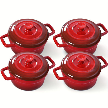 Mini Cocotte Ceramic Casserole Dishes Set of 4 with Lids and Handles - 12oz Baking Ramekins Microwave Cookware