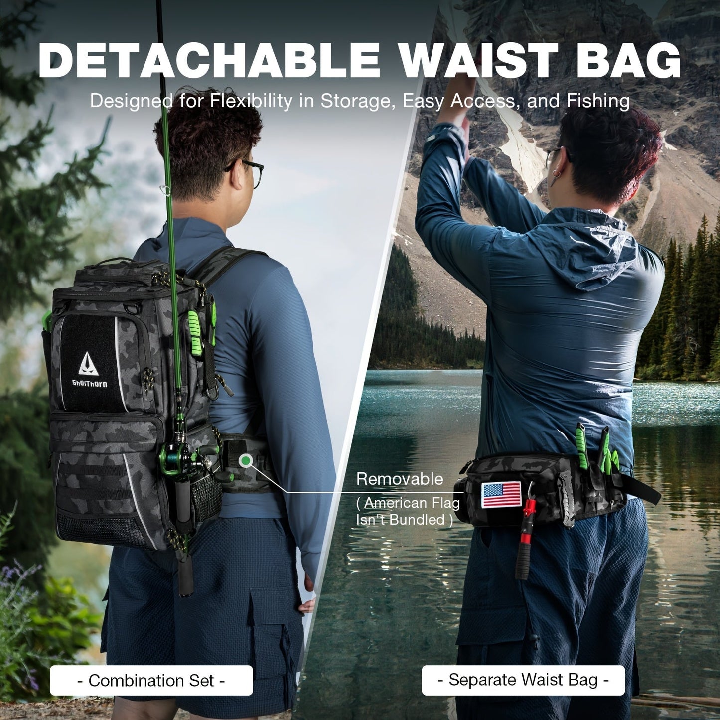 Large Fishing Tackle Bag with 4 Tackle Boxes – 43L Backpack with Rod Holder, Detachable Waist Pack & Gear Storage for Men Women | Black