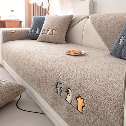 Sofa Cover Thick Plush Shearling Panels with Animal and Bone Embroidery and Backing Detail for 2 to 4 Seats