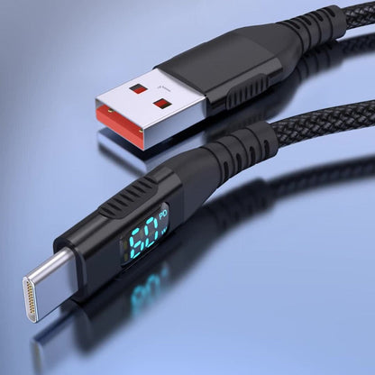 USB-A to USB-C Cable with LED Digital Display, 3A Fast Charging & 480Mbps Data Sync, Nylon Braided Anti-Overheat