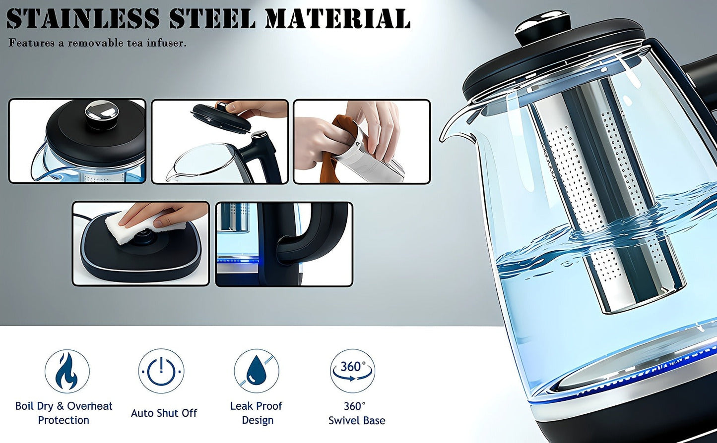 Electric Kettle 1150W Fast Heating, Removable Stainless Steel Filter, Overheat Protection & Easy to Clean