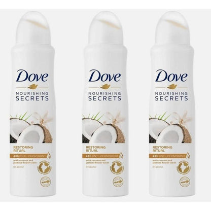 Dove Antiperspirant Deodorant Spray 3-Pack Coconut Jasmine Restoring Ritual 150ml Each for Entryways, Bedrooms and Living Spaces