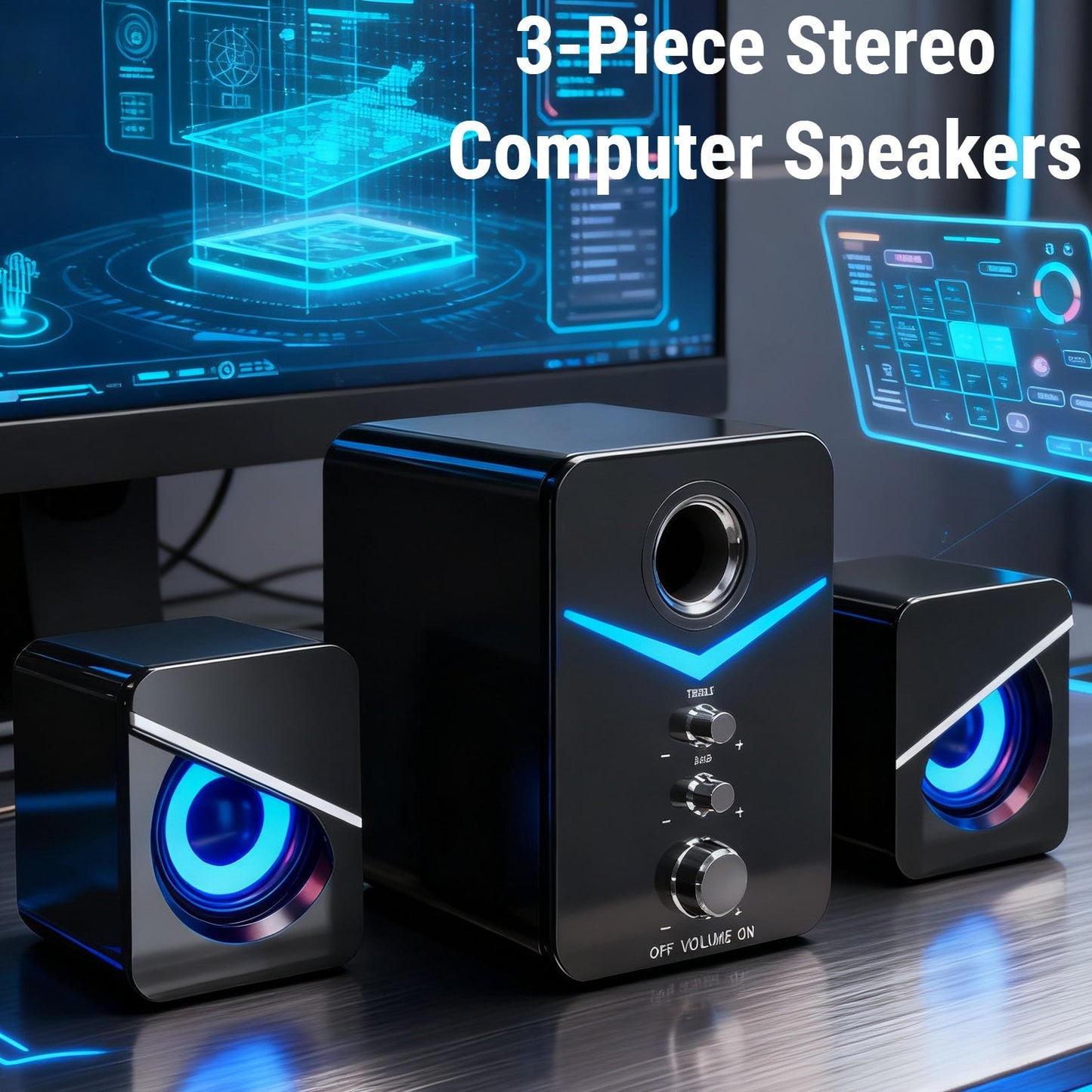 3-Piece Desktop Speaker System with Subwoofer | USB Powered PC Speakers, 3.5mm Audio Jack, Independent Bass & Treble Control