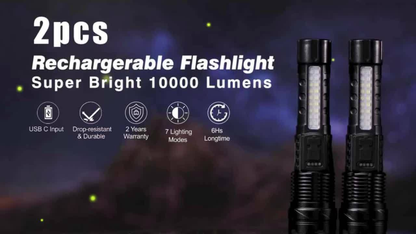 Flashlight LED and COB Dual-Light Torch with Telescopic Focus, USB-C Charging and 1500mAh Battery