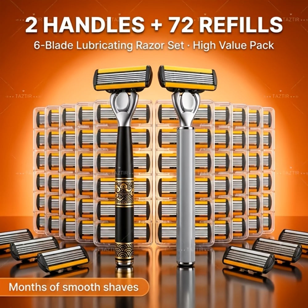 Shaving Kit for Men – 2 Handles & 72 Replacement Blades, Six-Layer Blade System Luxury Razor Set for Beard & Mustache Grooming