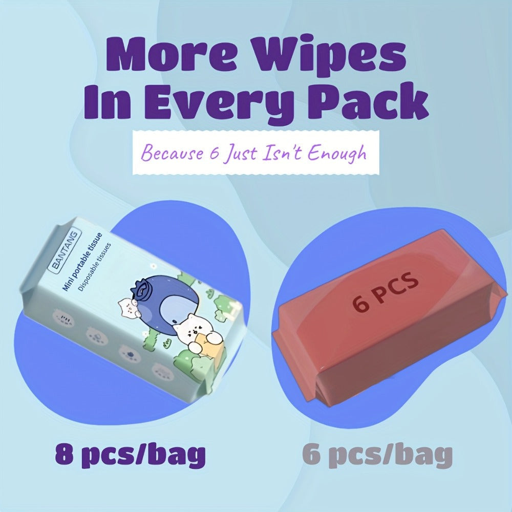 Mini Wet Wipes 64 Count 8 Packs Quick-Drying Cleaning Cloths Cute Animal Design for Travel for Home Cooking, Dining and Outdoor Meals