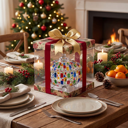 Crystal Glass Candy Dish with Lid & Tongs – Hand-Painted Colorful Candy Box, Jewelry Storage Jar, Christmas Gift for Family & Friends |