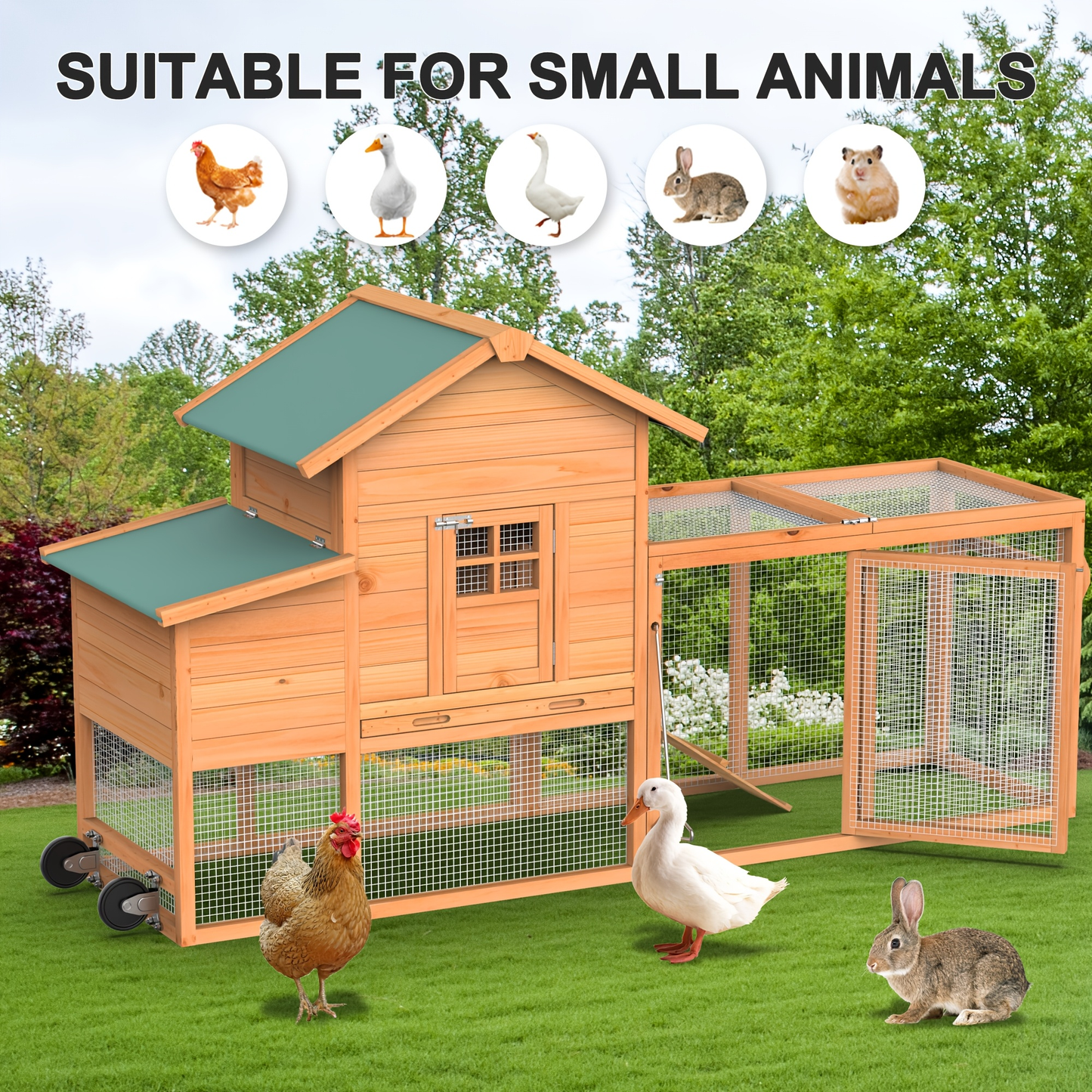 Portable Wooden Chicken Coop with Wheels, Nest Box and Wood Roof or Sunshine Board Run Option