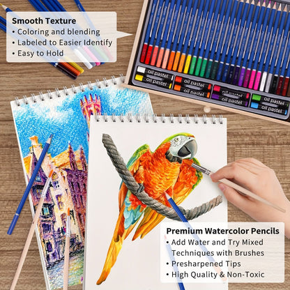 85-Piece Mixed-Media Art Set with Wooden Tabletop Easel, Paints, Pencils, Brushes and Paper Pads