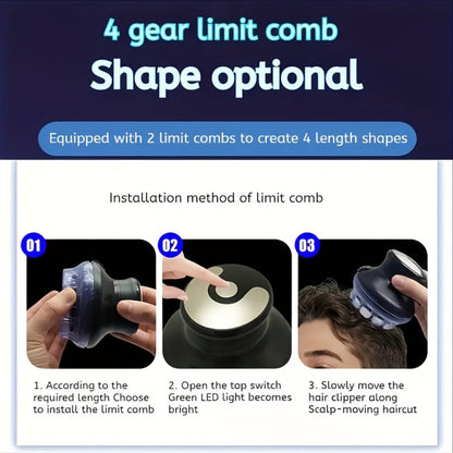 Round Hair Clipper for Self-Haircuts with Four 3-12 mm Length Settings, Two Guide Rings, USB Cable and Cleaning Accessories