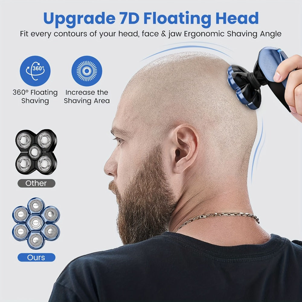 Skull Shaver for Bald Men 5-in-1 Rechargeable Rotary Electric Razor - 7D Floating Heads, 3-Speed LED Display Grooming Kit