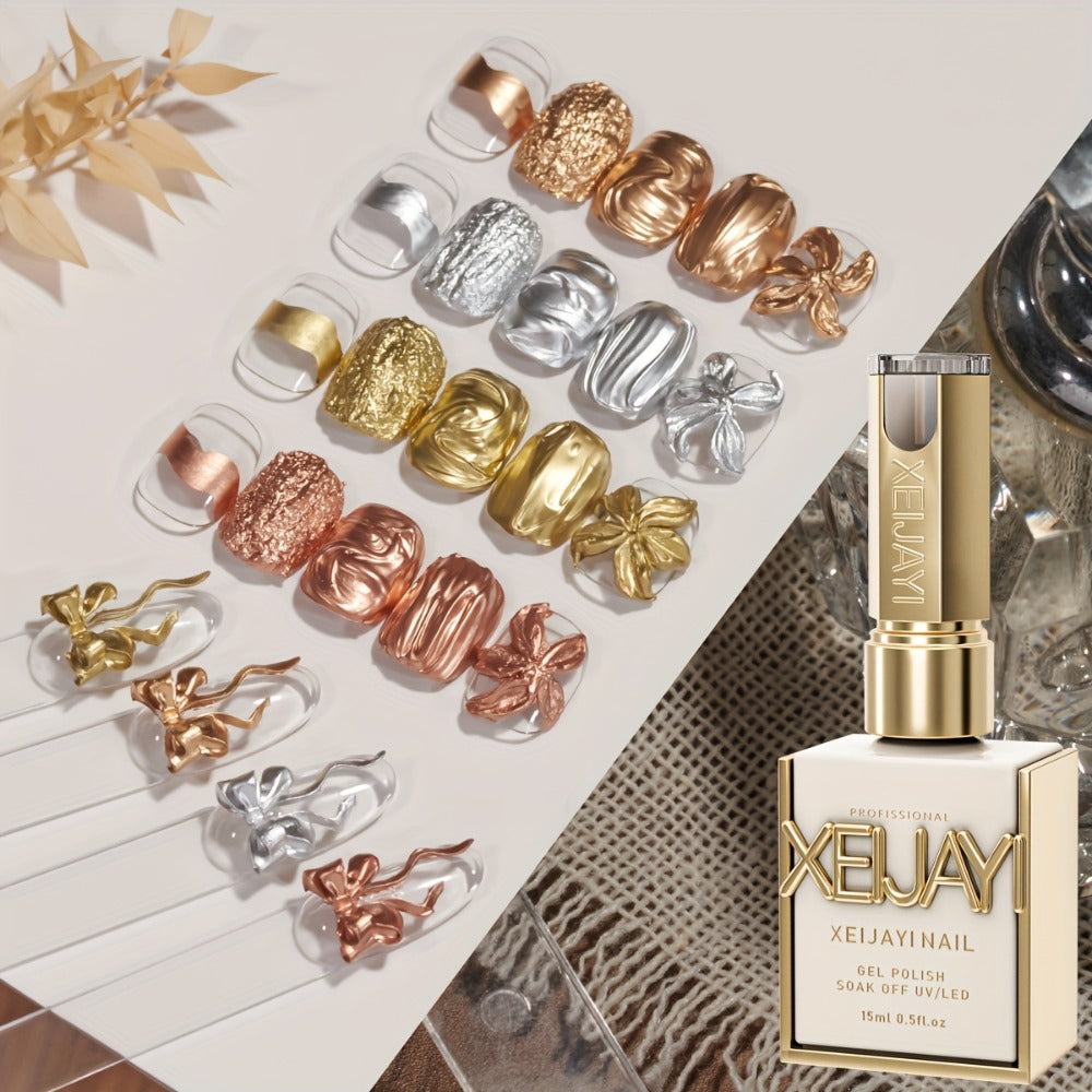 Metallic Smudge Nail Art Gel Four-Bottle Set in Gold, Silver and Rose Tones with Narrow Cap Brushes