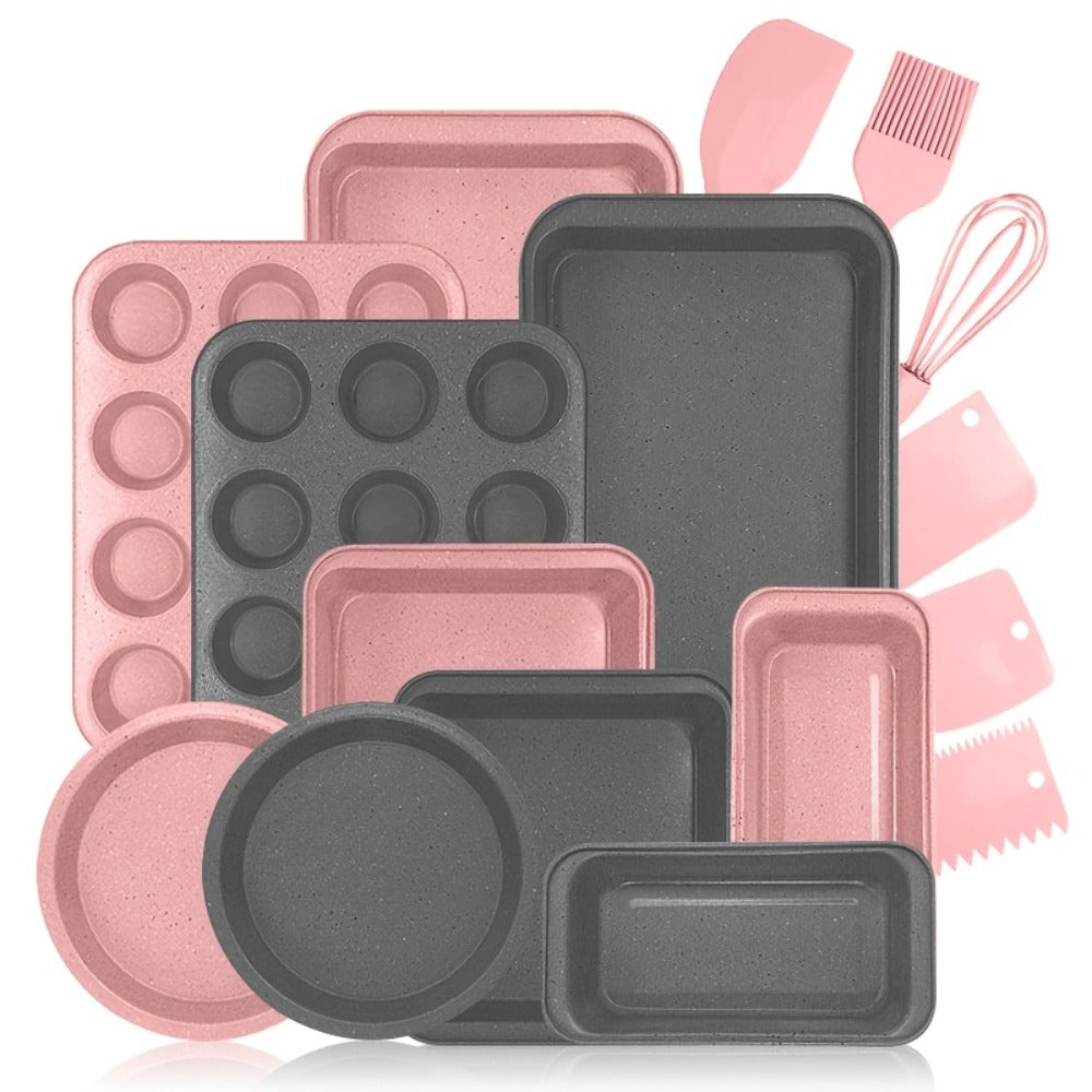 Mixed-Color Bakeware Set with 2–18 Pieces, Cake and Muffin Pans, Trays, Racks and Tools Pictured