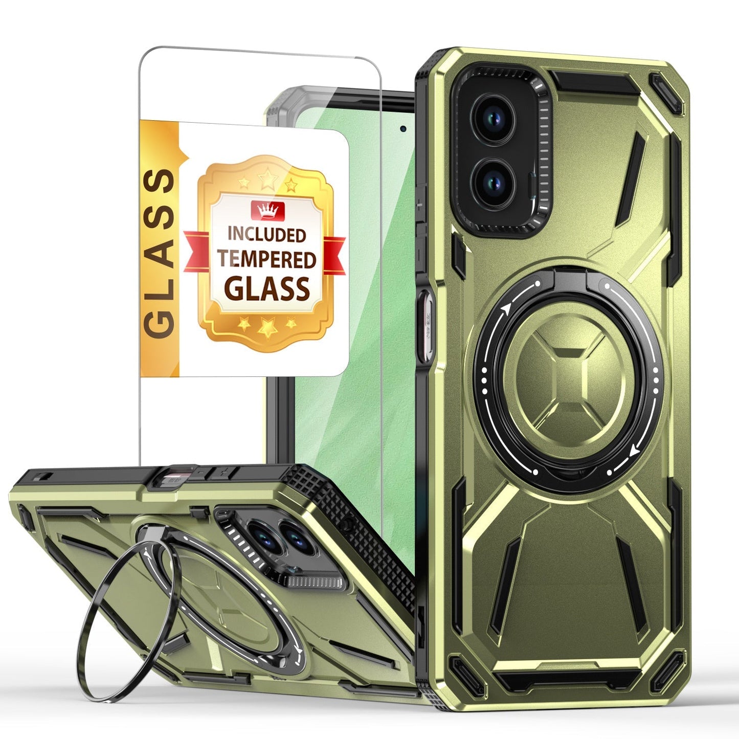 Phone Case Ring Stand Cover with Tempered Glass Protector for Motorola Moto G 5G 2024 in Four Colors