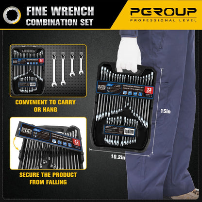 Combination Wrench Set with 14-Piece Metric, 14-Piece SAE or 32-Piece Mixed Checkout Options and Carry Case