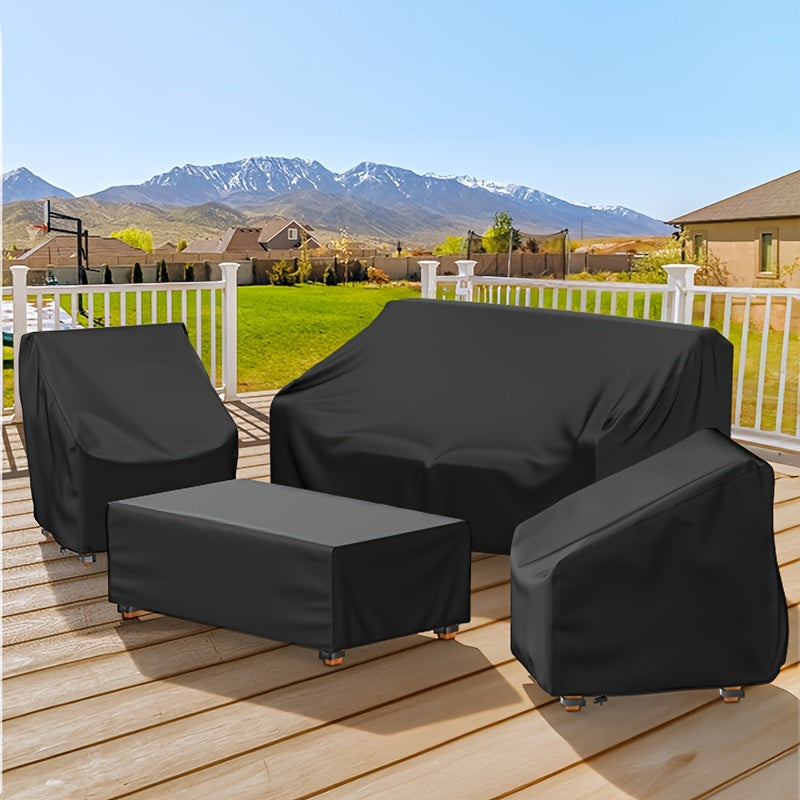 Four-Piece Black Patio Furniture Cover Set for Loveseat, Two Chairs and Coffee Table with Listed Dimensions