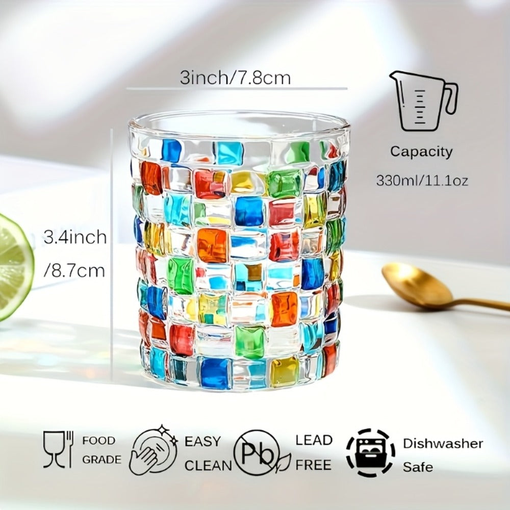 Hand-Painted Drinking Glasses Set – Colorful Square Lattice Woven Handcrafted Glass for Water, Juice, Whiskey & Beer