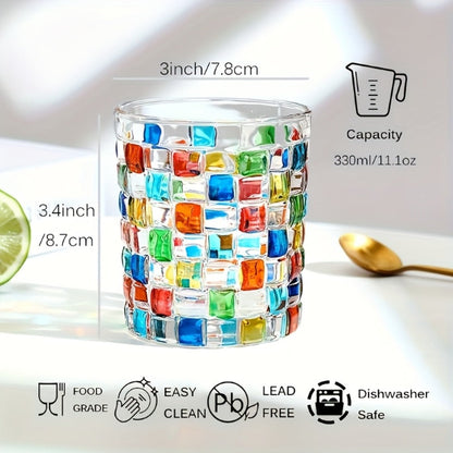 Hand-Painted Drinking Glasses Set – Colorful Square Lattice Woven Handcrafted Glass for Water, Juice, Whiskey & Beer