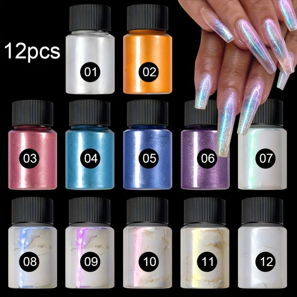 Aurora Nail Powder 12 Colors Chrome Pearl Glitter Neon Dust Holographic Iridescent Pigment Set for Chrome