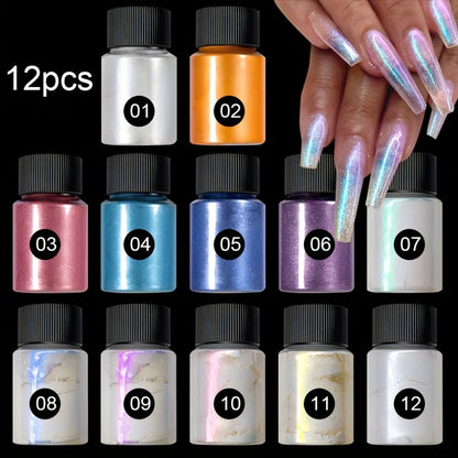 Aurora Nail Powder 12 Colors Chrome Pearl Glitter Neon Dust Holographic Iridescent Pigment Set for Chrome