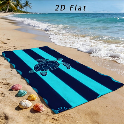 Sea Turtle Beach Towel, Blue Striped Nautical Print, Microfiber, Stylized Wave Pattern, Ideal for Beach Trips