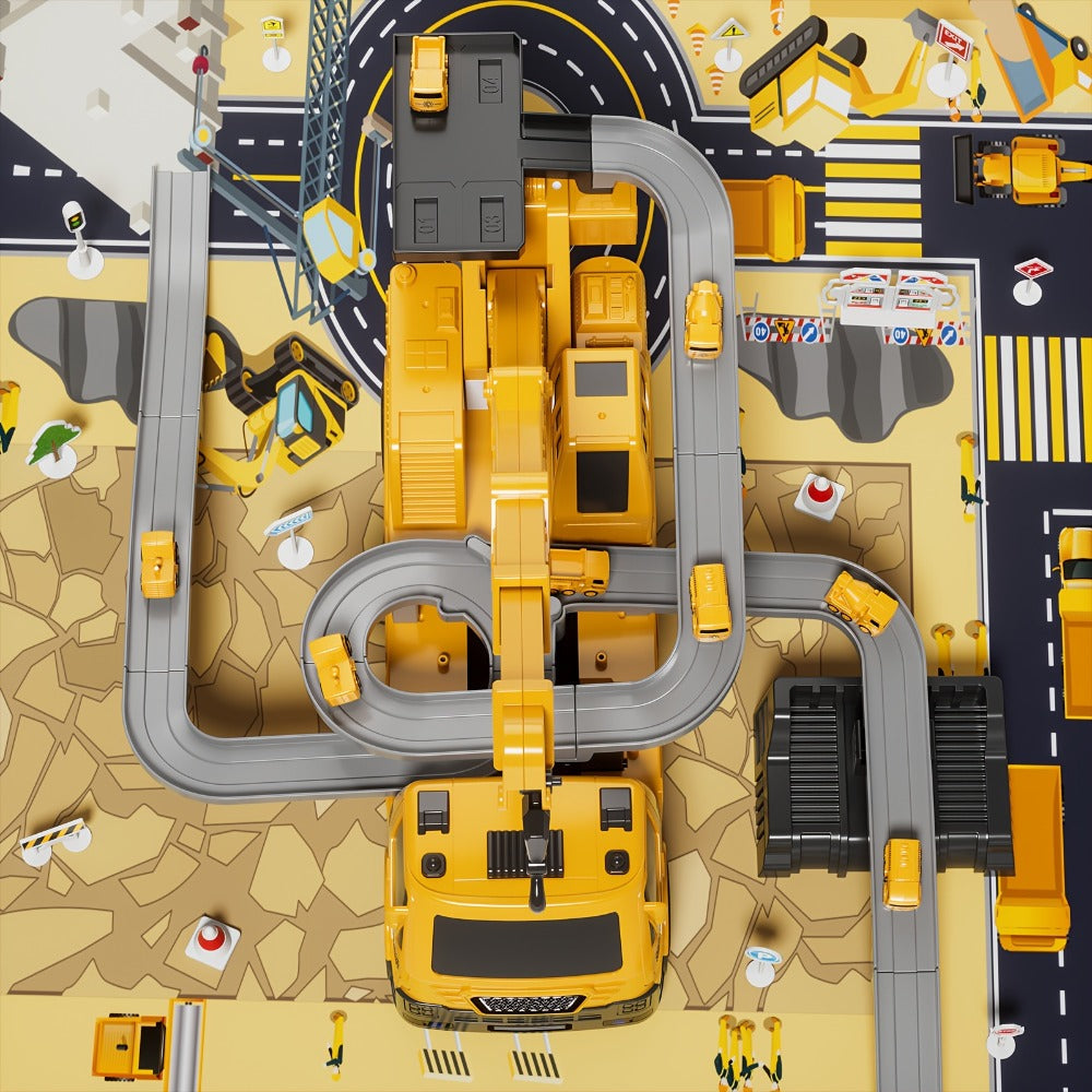 3-in-1 Crane Excavator & Racing Track Toy Set for Kids Ages 3+, Construction Vehicle Playset with Lights & Sounds