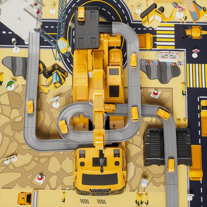 3-in-1 Crane Excavator & Racing Track Toy Set for Kids Ages 3+, Construction Vehicle Playset with Lights & Sounds