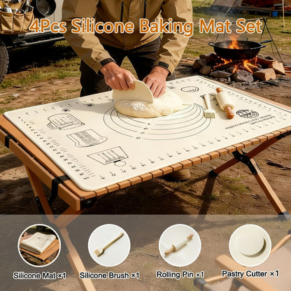 Silicone Baking Mat Set 4pcs, Extra Thick Non-Stick Pastry Mat with Measurement Scales, Non-Slip Dough Kneading Mat, Includes Rolling Pin