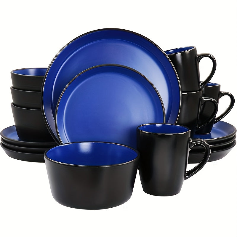 Dinnerware Set Options for Four with Round Plates, Bowls and Cups in Black, Red, Blue, Green or Floral Designs