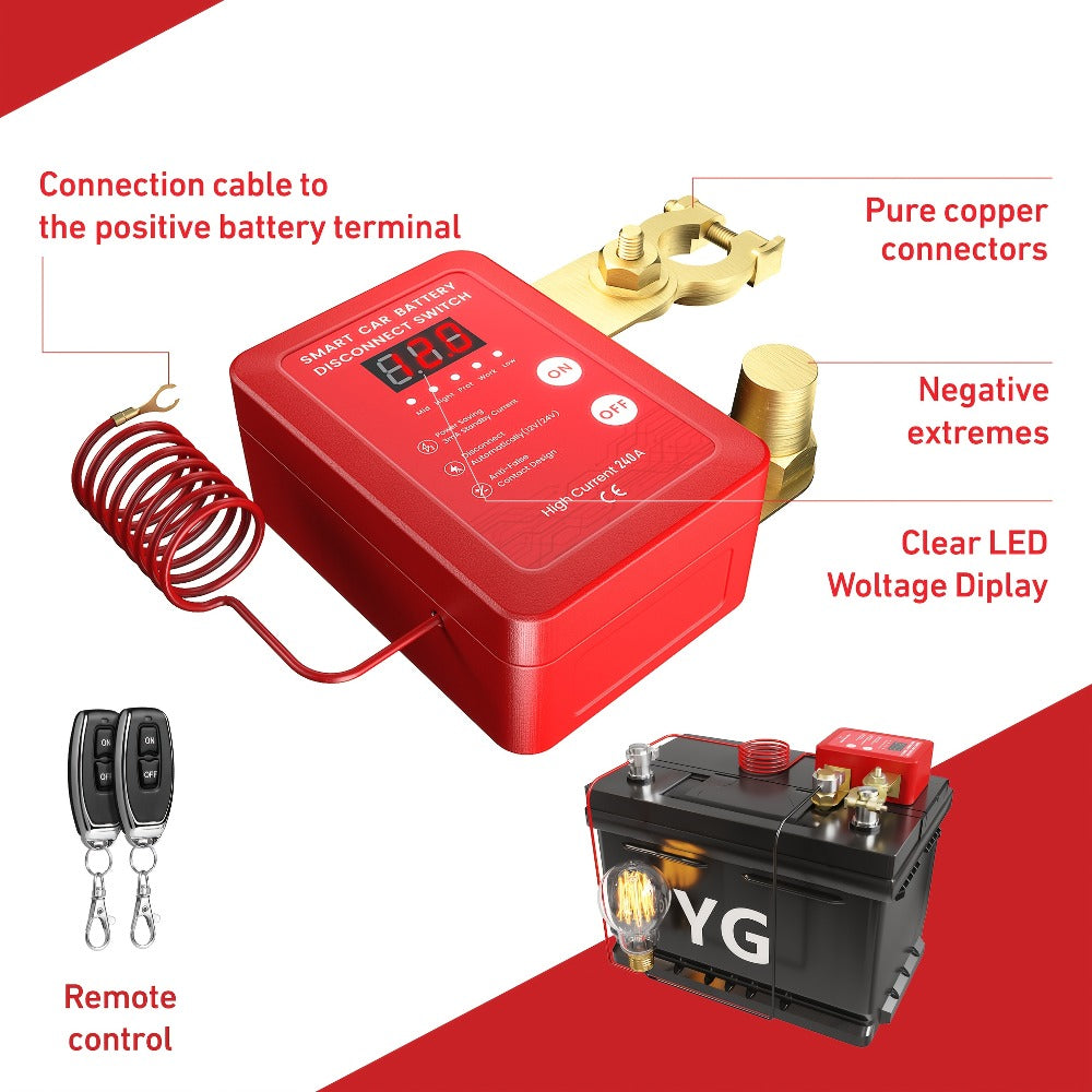 Wireless Battery Kill Switch – 12V/24V 240A Remote Control Cutoff with LED Voltage Indicator, Auto Shutdown