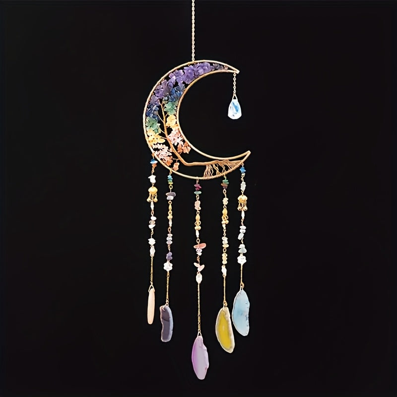 Dreamcatcher Moon Suncatcher Wall Hanging, Handmade Boho Wind Chime Pendant for Indoor Outdoor Garden