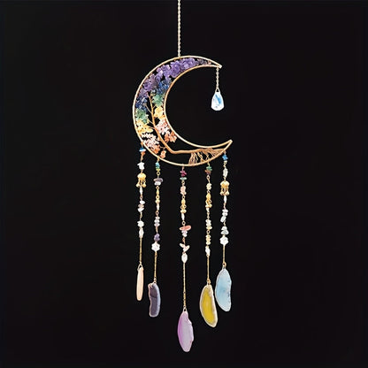 Dreamcatcher Moon Suncatcher Wall Hanging, Handmade Boho Wind Chime Pendant for Indoor Outdoor Garden