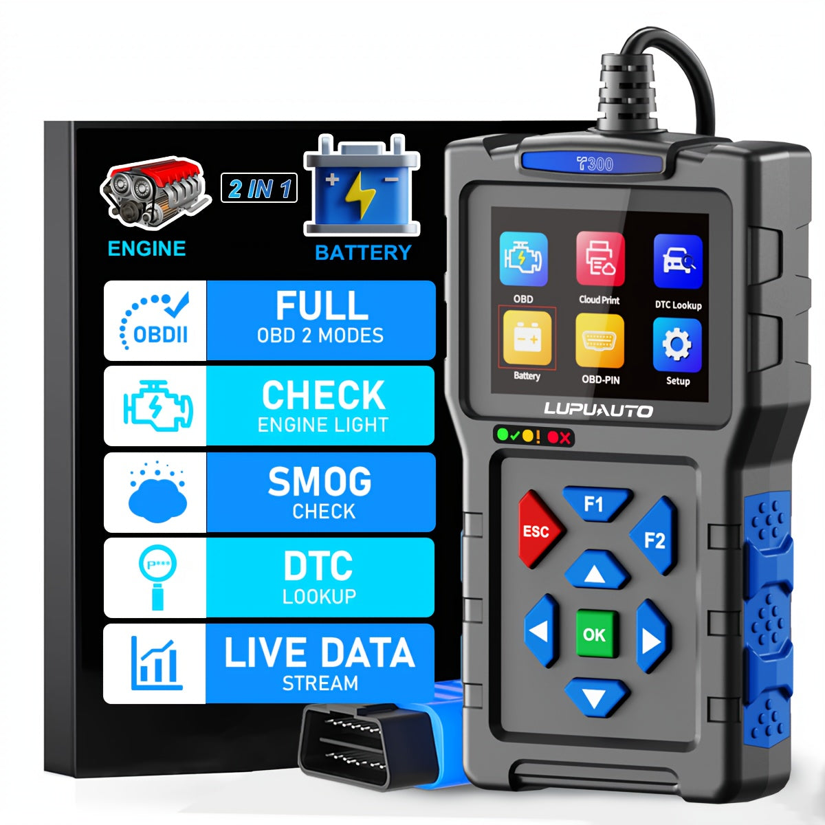 T200 or T300 OBD2 Scanner with Color Screen, I/M Readiness Menu and T300 Battery Check Option
