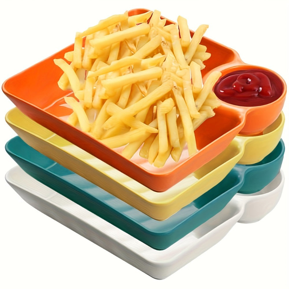Colorful Serving Plates Set 4 Piece – BPA-Free PP Rectangular Snack, Sushi & Appetizer Plates with Dipping Sauce Compartments