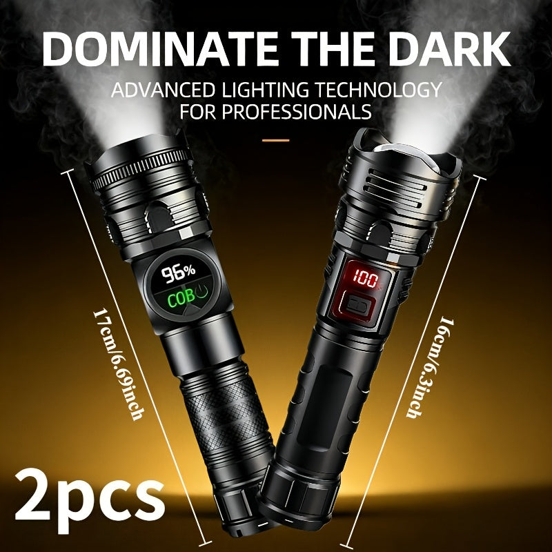 High Lumen Tactical Flashlight 2-Pack – COB Side Light, USB Fast Charging, Zoomable, Multiple Modes for Camping, Cycling, Fishing