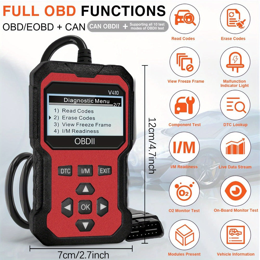 Color-Screen OBD2 Scanner with Read, Erase, Freeze-Frame and I/M Menus in Red, Yellow or Blue