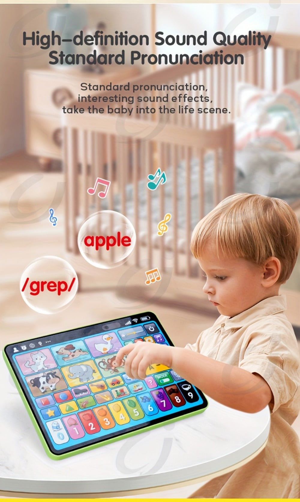 Trilingual Toddler Learning Tablet Toy, 39 Buttons 4 Play Modes Alphabet Numbers Colors Animals Music