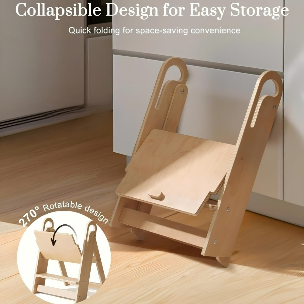 Natural Wood Two-Step Folding A-Frame Stool, 16 x 17 x 22 Inches with Carry Openings and Two Wide Steps