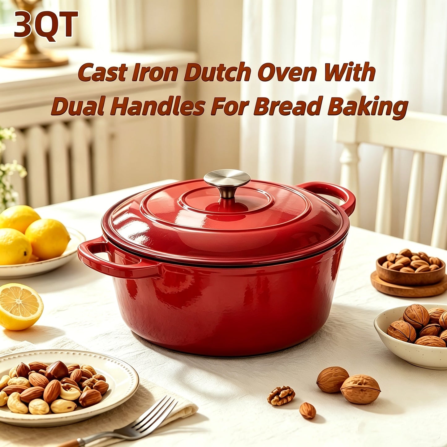 3QT Enameled Cast Iron Dutch Oven with Dual Handles, Fitted Lid and Three Color or Style Options