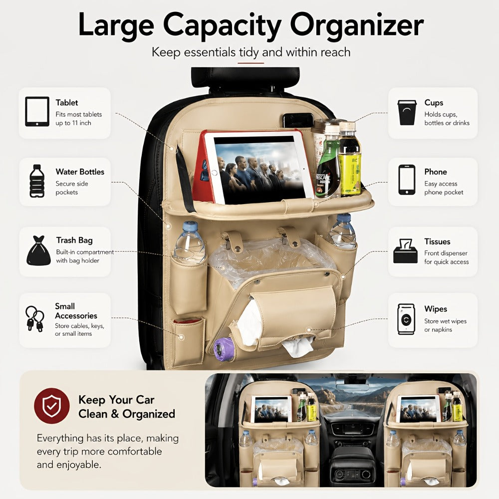 One-Piece Seatback Car Organizer with Fold-Down Tray, Cup Recesses, Mesh Pockets and Four Colors