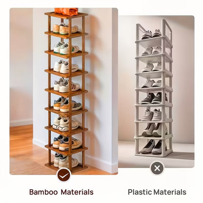 Shoe Rack Bamboo Vertical Organizer with 6-Tier or 9-Tier Brown Wood-Grain Freestanding Options