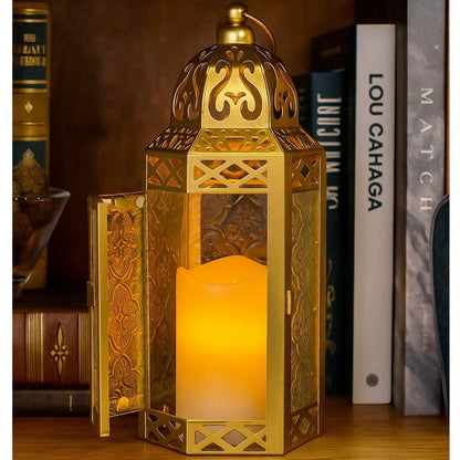 Moroccan Candle Lantern Holder - Decorative Metal & Glass Lantern with Embossed Floral Design for Indoor Home Decor
