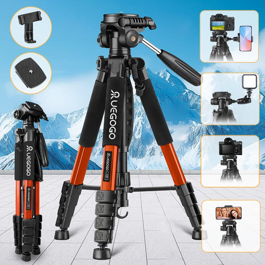 74-Inch Camera Tripod in Red and Black with Pan-and-Tilt Head, Phone Holder, Quick-Release Plate and Carry Bag
