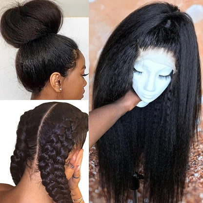 Synthetic Wig 26-Inch Black Kinky-Straight Yaki with HD Lace Front, Glueless Cap and with Item-Specific Color, Length, Texture and Cap