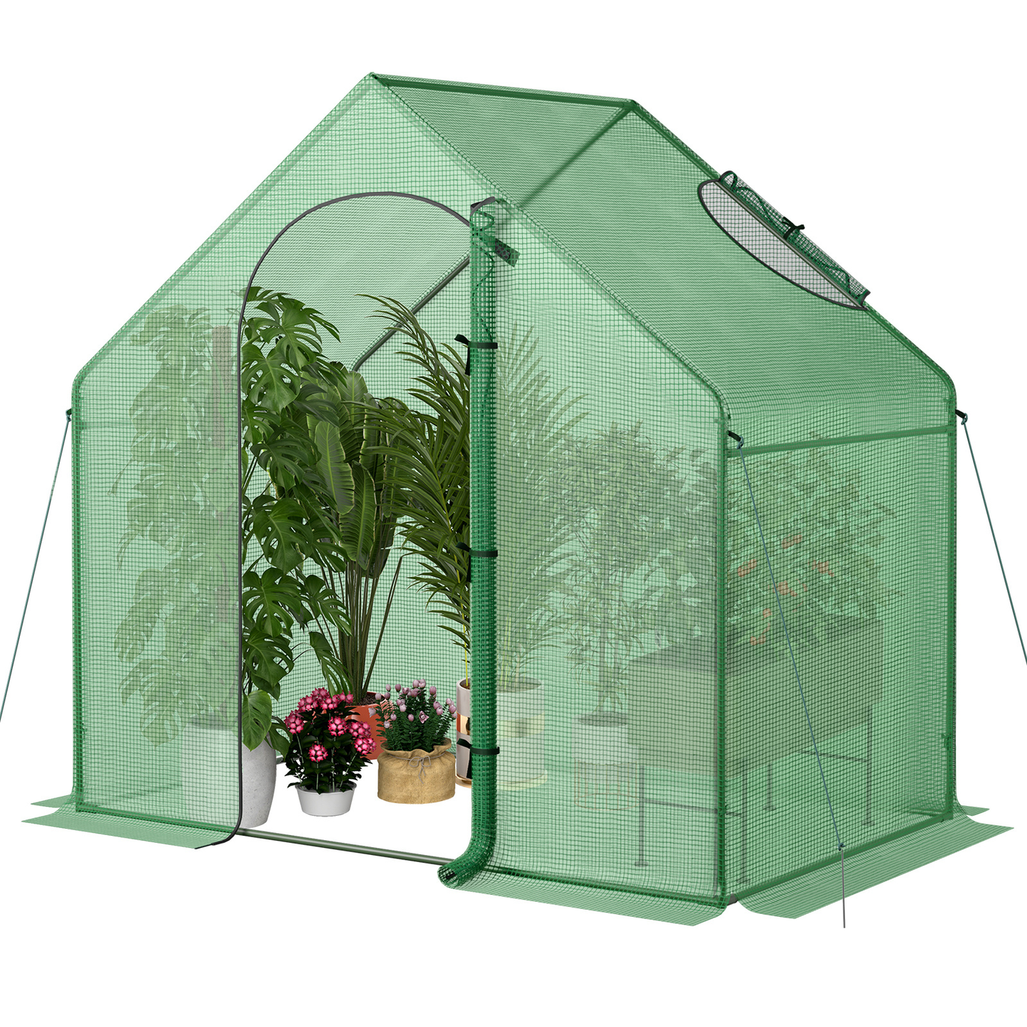 6 x 3 x 5.5-Foot Walk-In Greenhouse with Green Grid Cover, Roll-Up Door and Top Vent Window