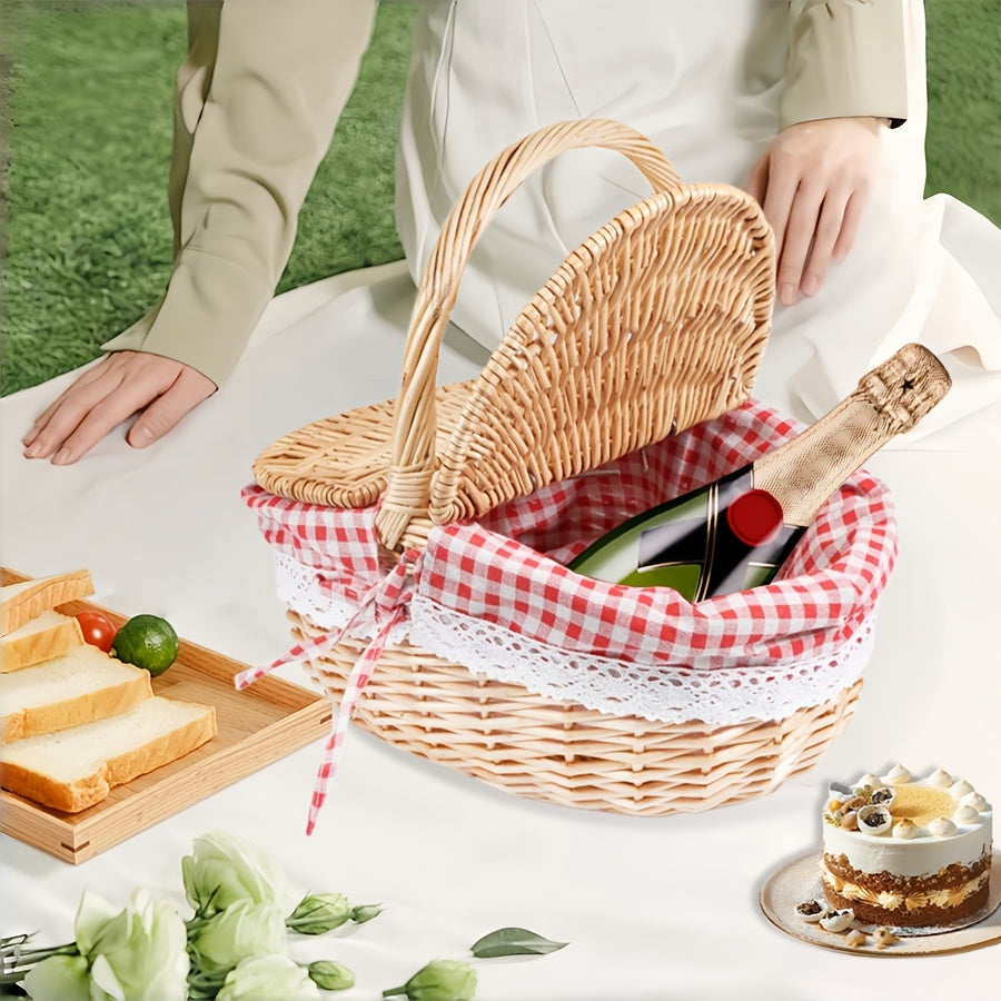 Covered Wicker Picnic Hamper with Twin Lid Panels in Red Plaid or Daisy Pattern Textile Styles