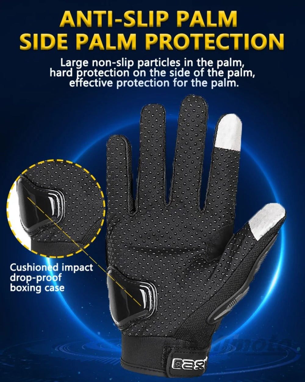 Full-Finger Motorcycle Gloves with Segmented Knuckle Shell, Wrist Tabs, Black or Red in M to XL